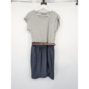 Zara Gray and Navy Blue Short Sleeve Dress Belted Women's M Pockets *